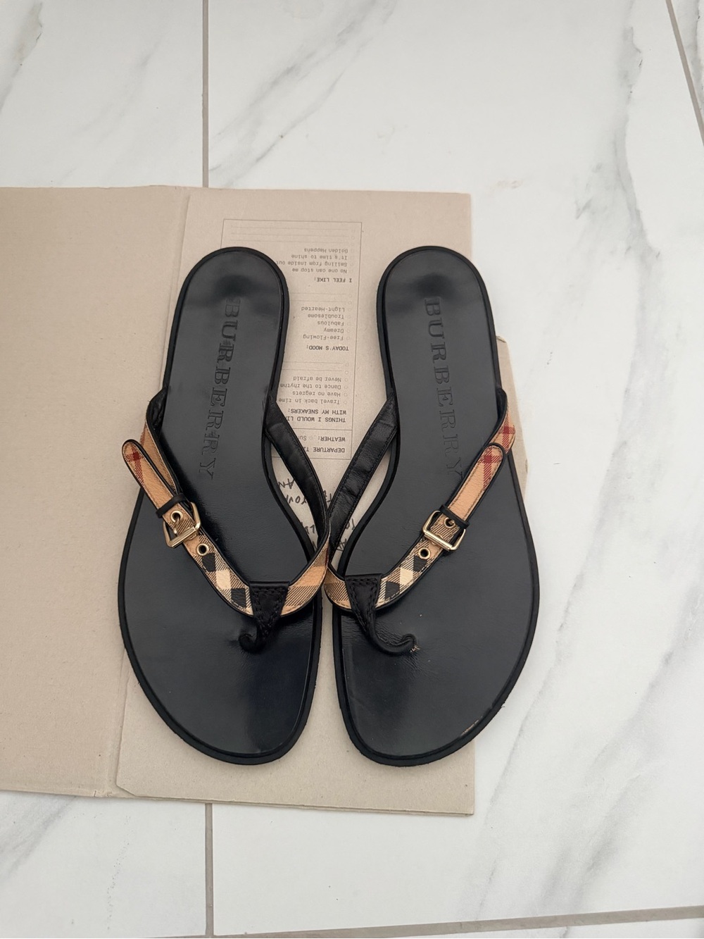 Burberry Black Leather Thong Sandals with Beige Check Straps